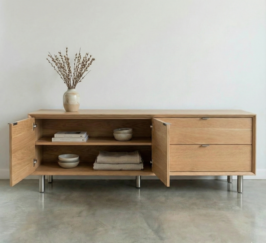 Wooden sideboard with open doors displaying decorative items on a plain background