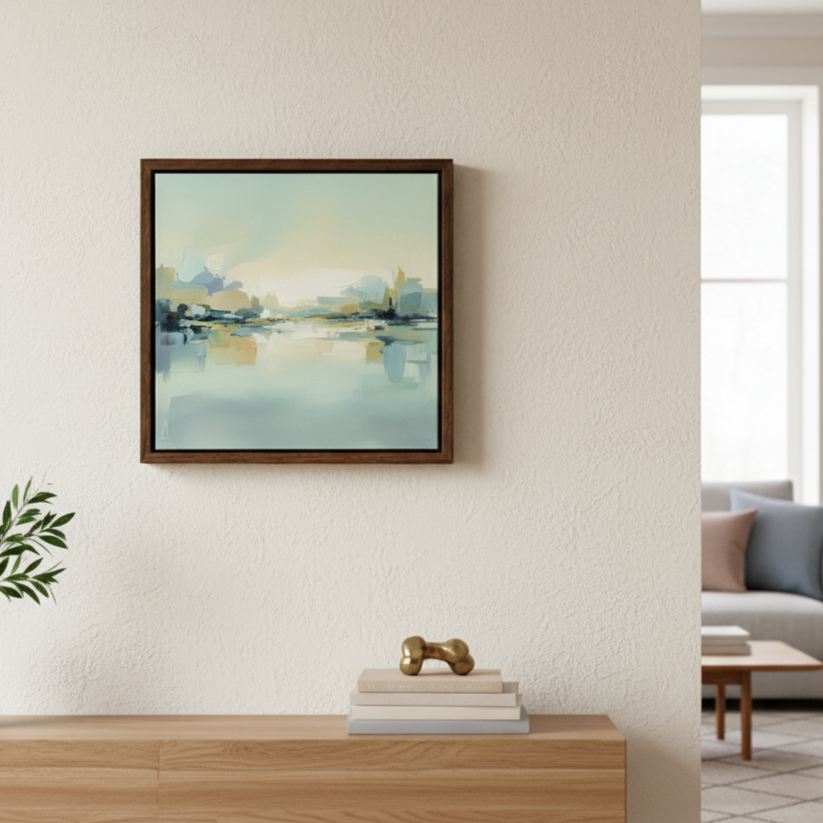 Walnut floating canvas frame on a living room wall above a low console