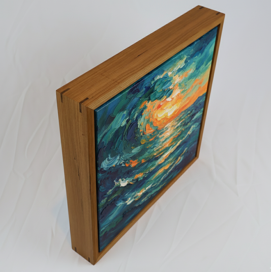 Framed abstract painting with a wooden border on a white background