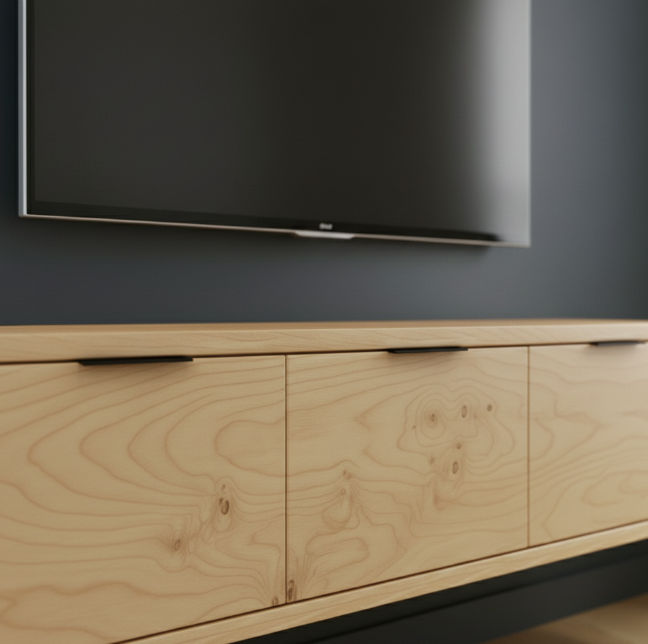 Wooden TV stand with a mounted flat-screen TV on a dark wall.