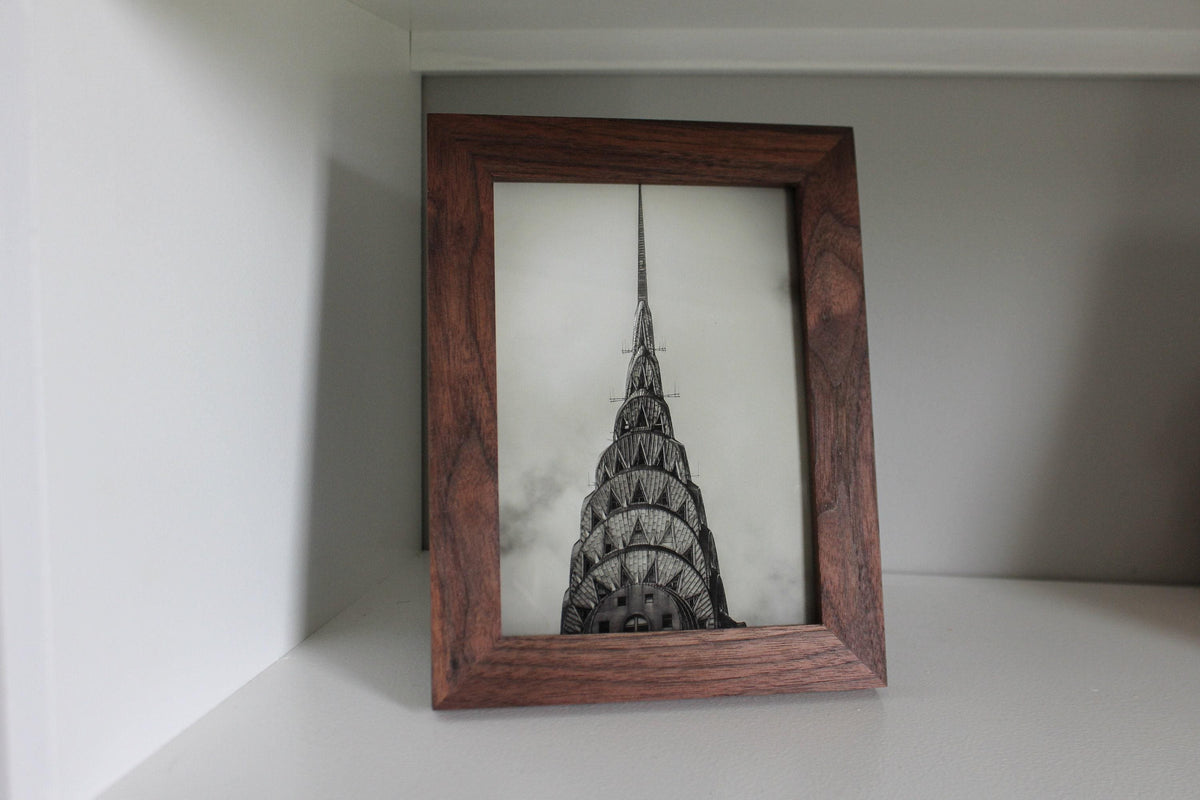 Walnut 4 x 6 desktop frame holding a black and white Chrysler Building photo