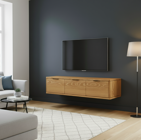 Wooden TV stand against a dark wall with a television mounted on it, in a modern living room setting.