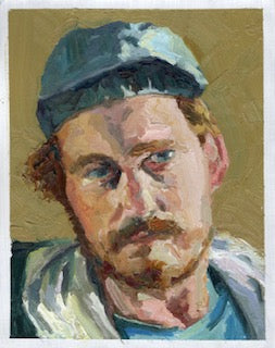 Oil portrait by Ed Terpening of a bearded man in a blue cap