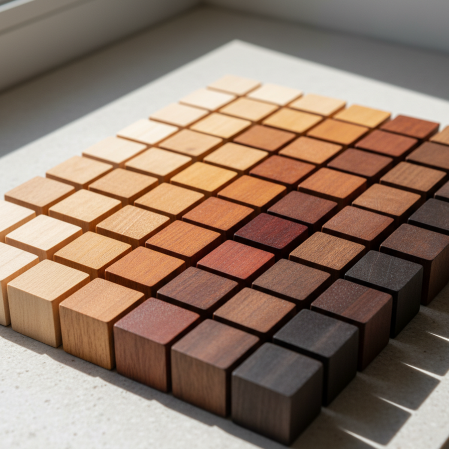 Grid of wood blocks stained in shades from light natural to dark brown