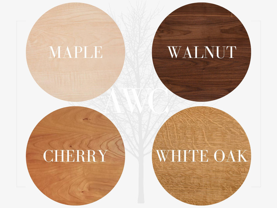 Maple, walnut, cherry and white oak wood samples shown as four labeled circles