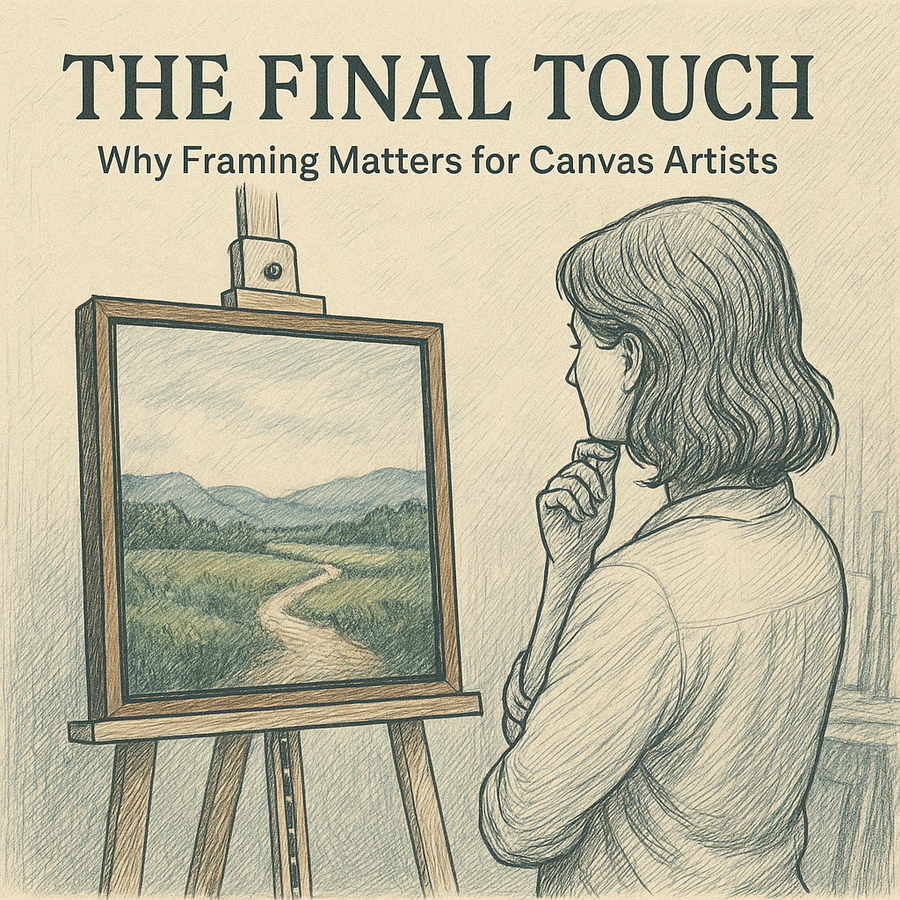 Illustration of an artist studying a framed landscape canvas on an easel, titled The Final Touch