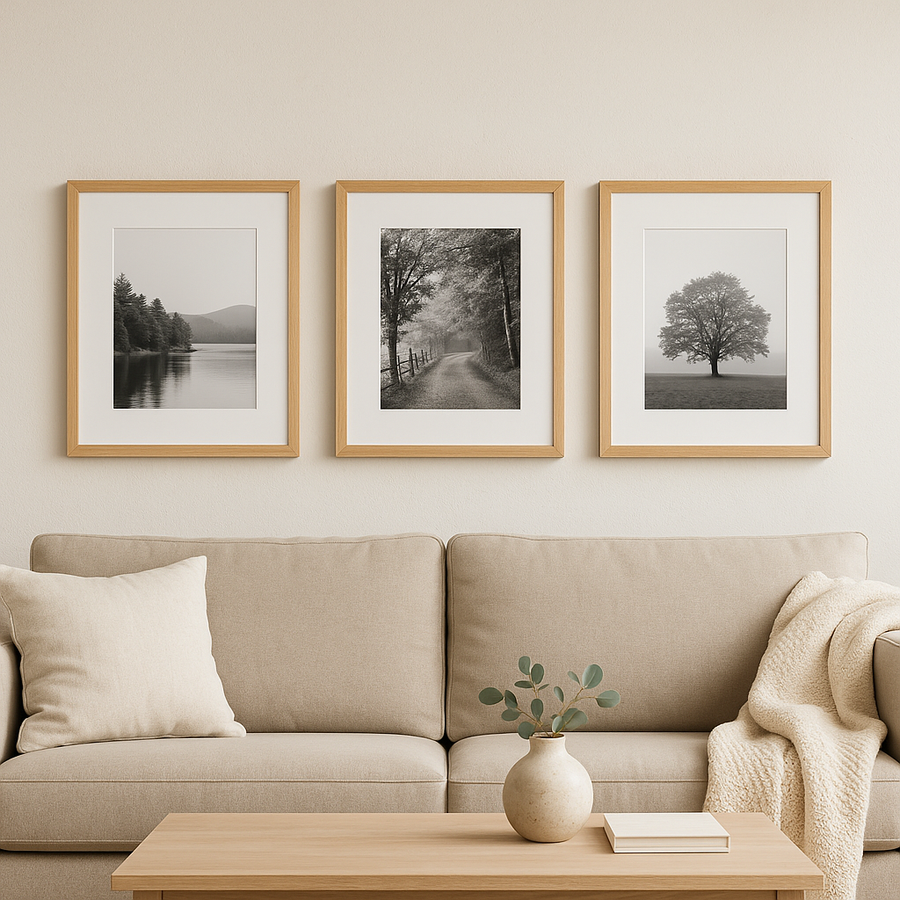 Three matted black-and-white photos in light wood frames hung in a row above a sofa