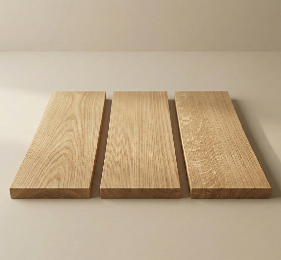 Three white oak boards showing flat sawn, rift sawn and quarter sawn grain