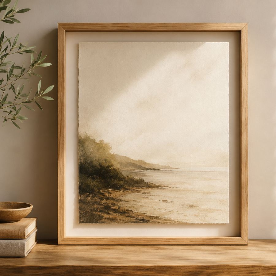 Coastal landscape print in a light oak frame on a shelf