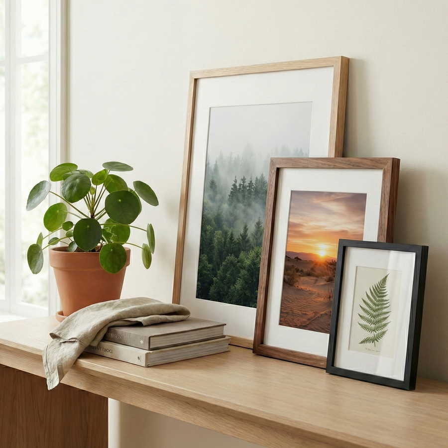 Three framed prints in different frames leaning on a wood shelf