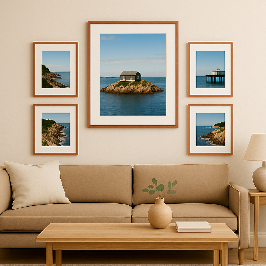 Gallery wall of coastal photos with one large center frame and four smaller frames above a sofa