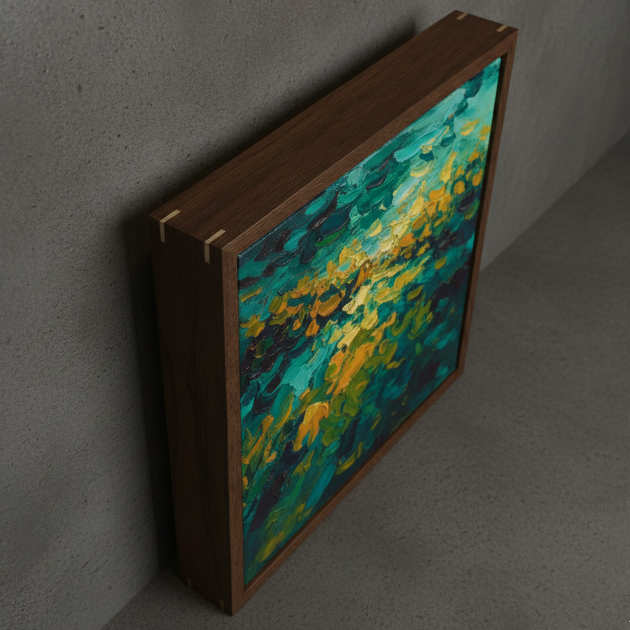 Corner of a walnut floating frame around an abstract canvas