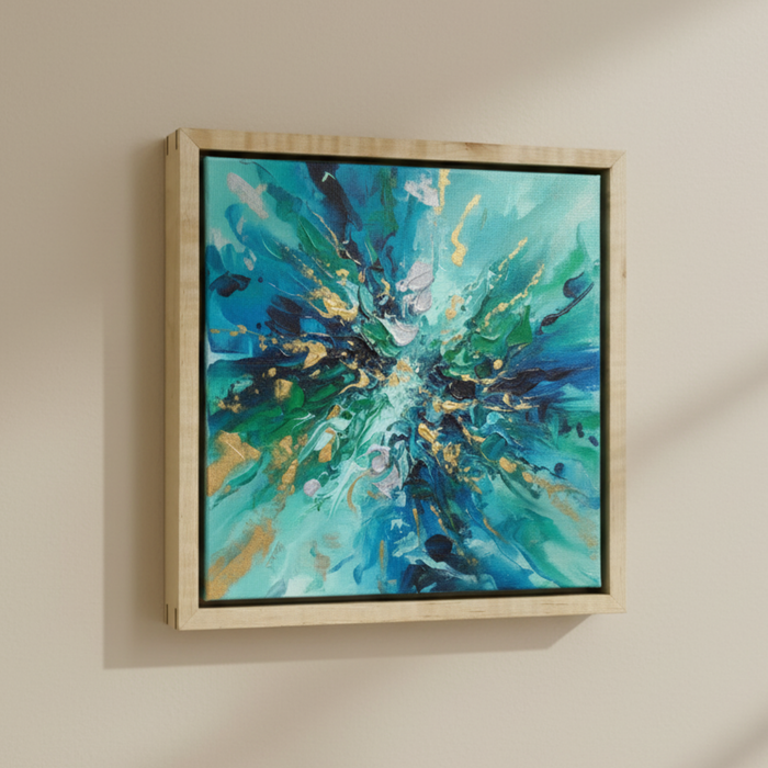 Maple floating canvas frame holding a turquoise abstract painting, angled view