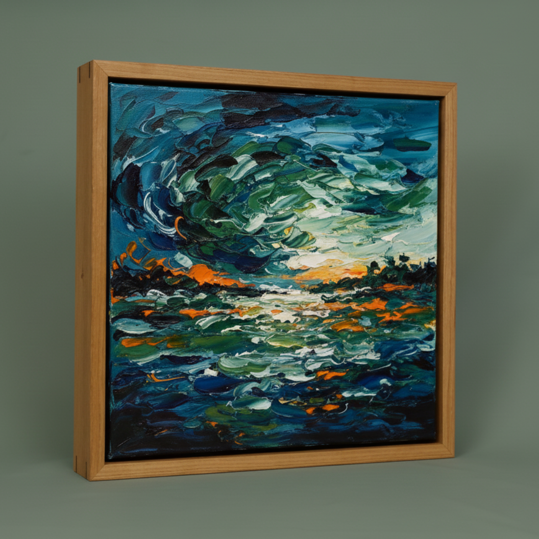 Cherry floating canvas frame holding a blue and green abstract seascape, angled view