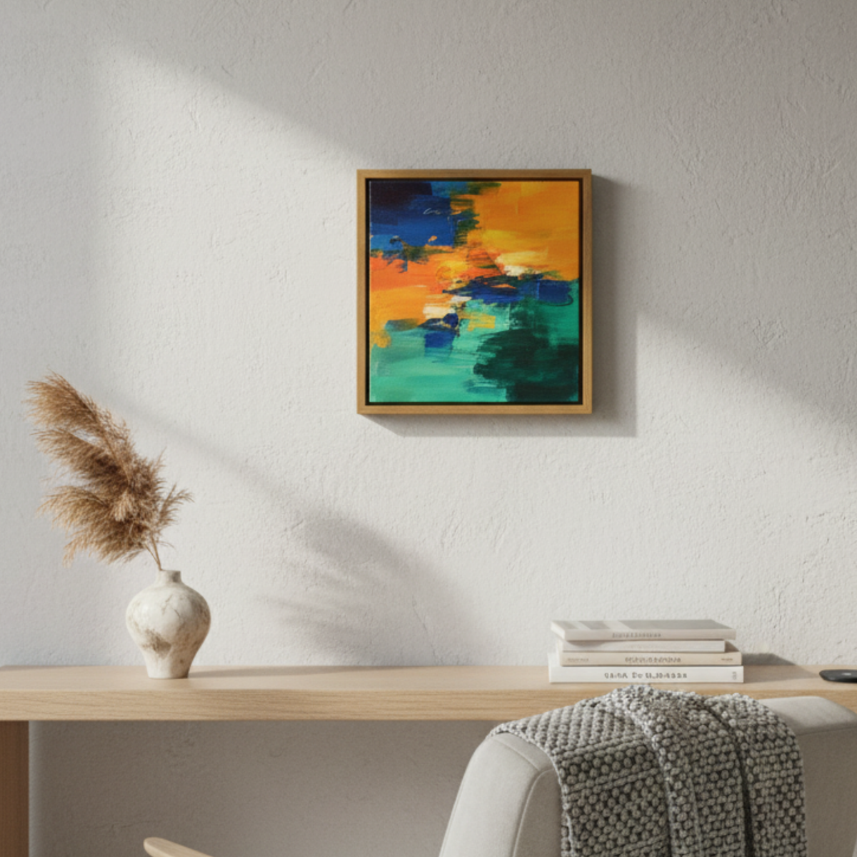 White oak floating canvas frame on a light wall above a desk