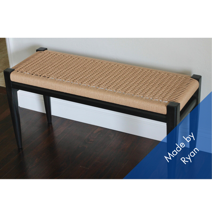 Black Stained Ash Danish Cord Bench – Handmade Solid Maple Seating