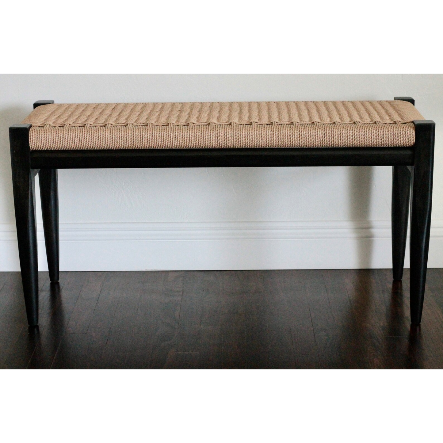 Black Stained Ash Danish Cord Bench – Handmade Solid Maple Seating