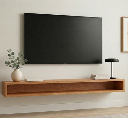 Wooden TV stand with a television mounted on a wall, featuring a vase, books, and a lamp.
