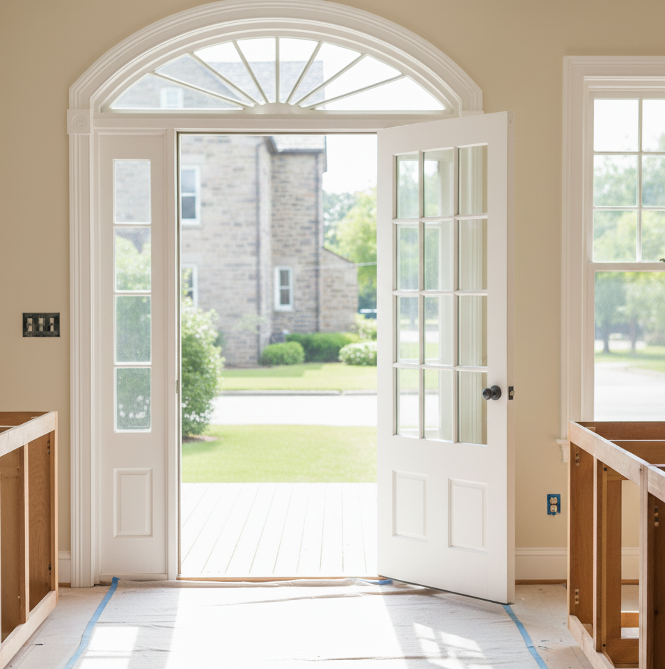 Open French doors leading to a patio with a view of a house and garden.
