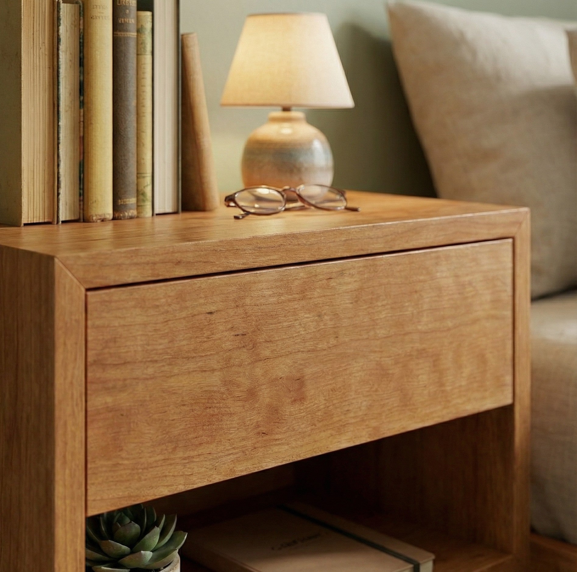 Wooden nightstand with books, lamp, and glasses on a neutral background