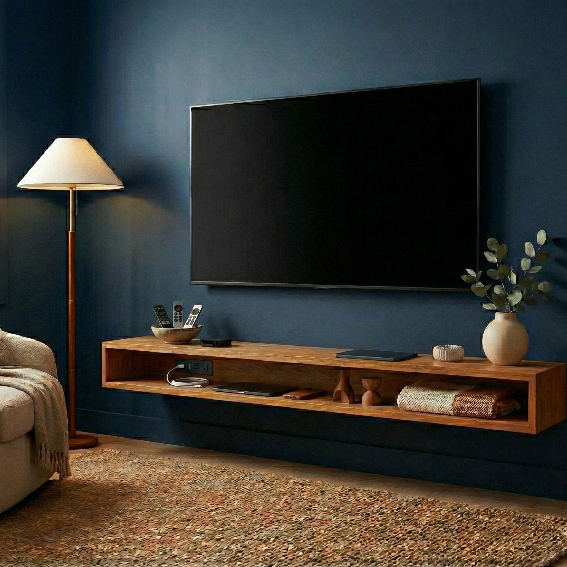 Wooden TV stand with a television mounted on a dark blue wall in a living room.
