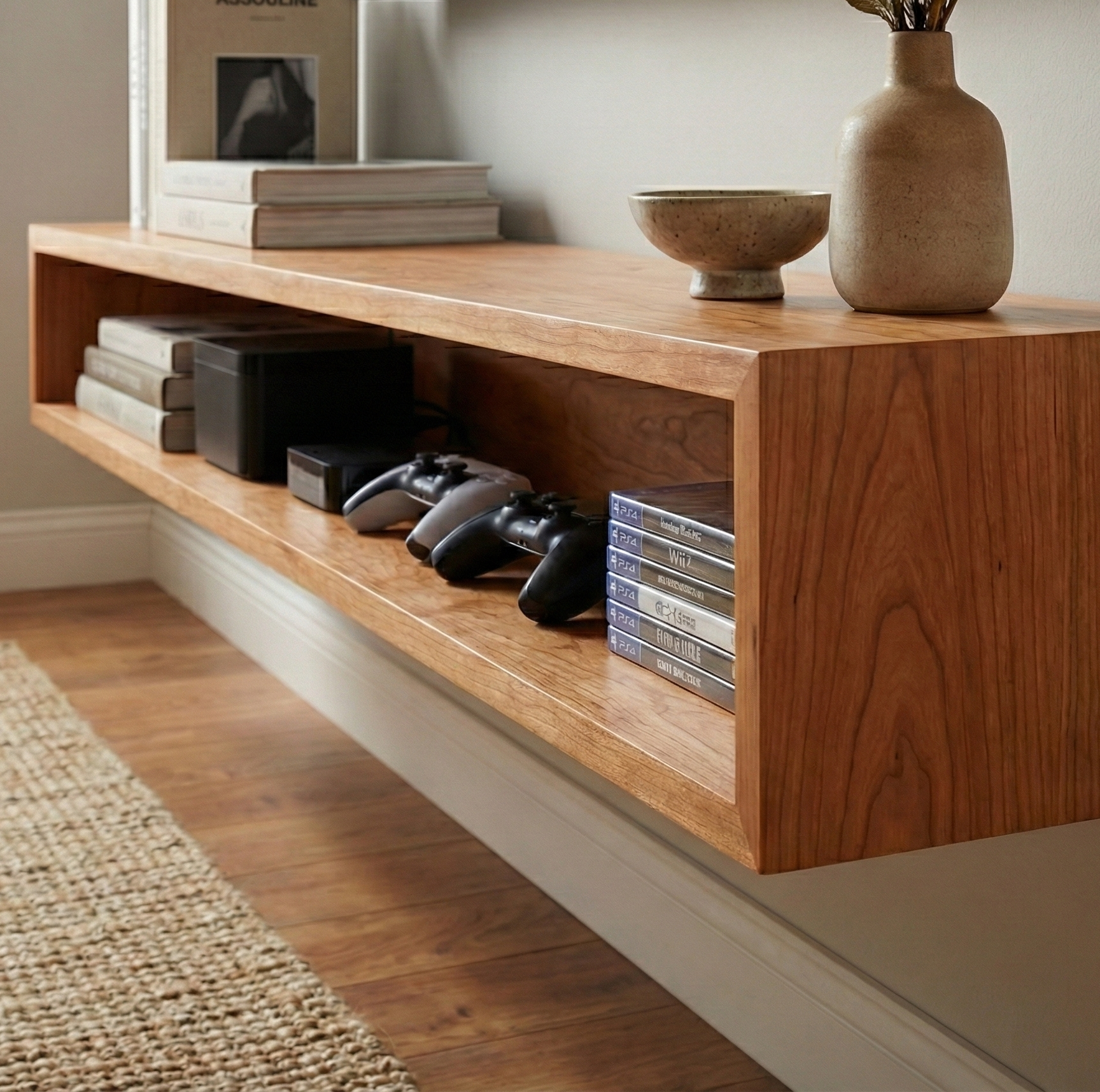 Wooden shelf with gaming controllers and books on a wooden floor.