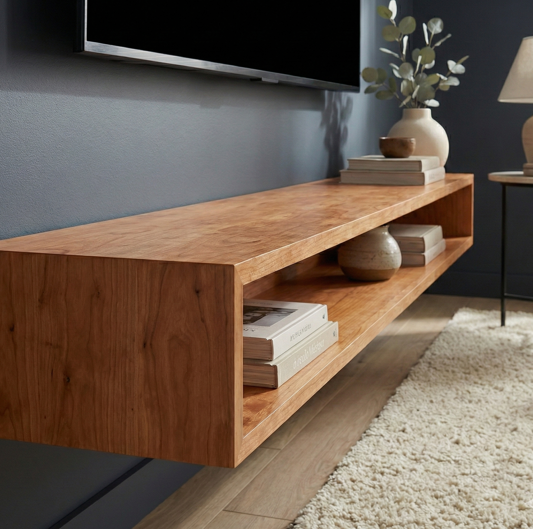 Wooden TV stand with books and decorative items against a dark wall.