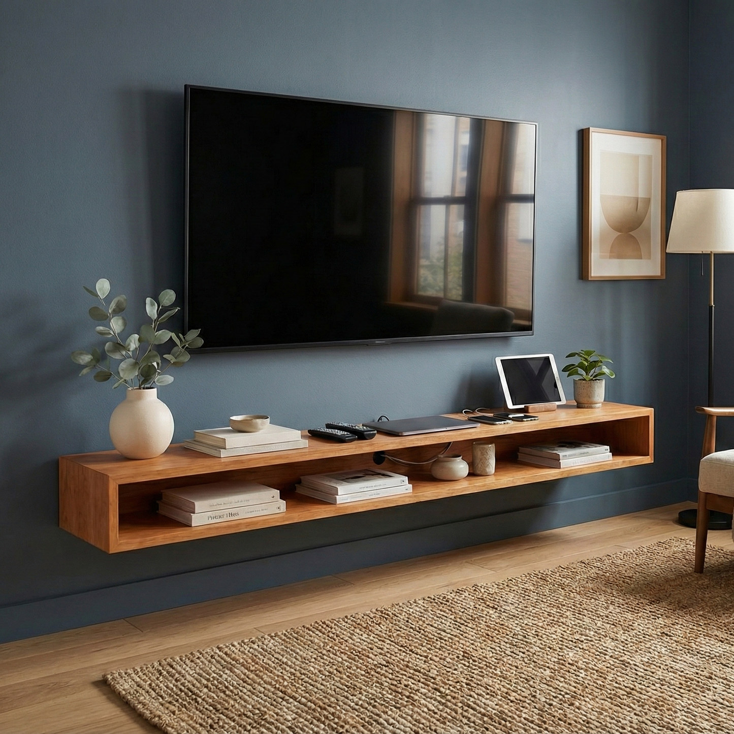 Modern living room with a wooden TV stand, television, and decorative items against a blue wall.
