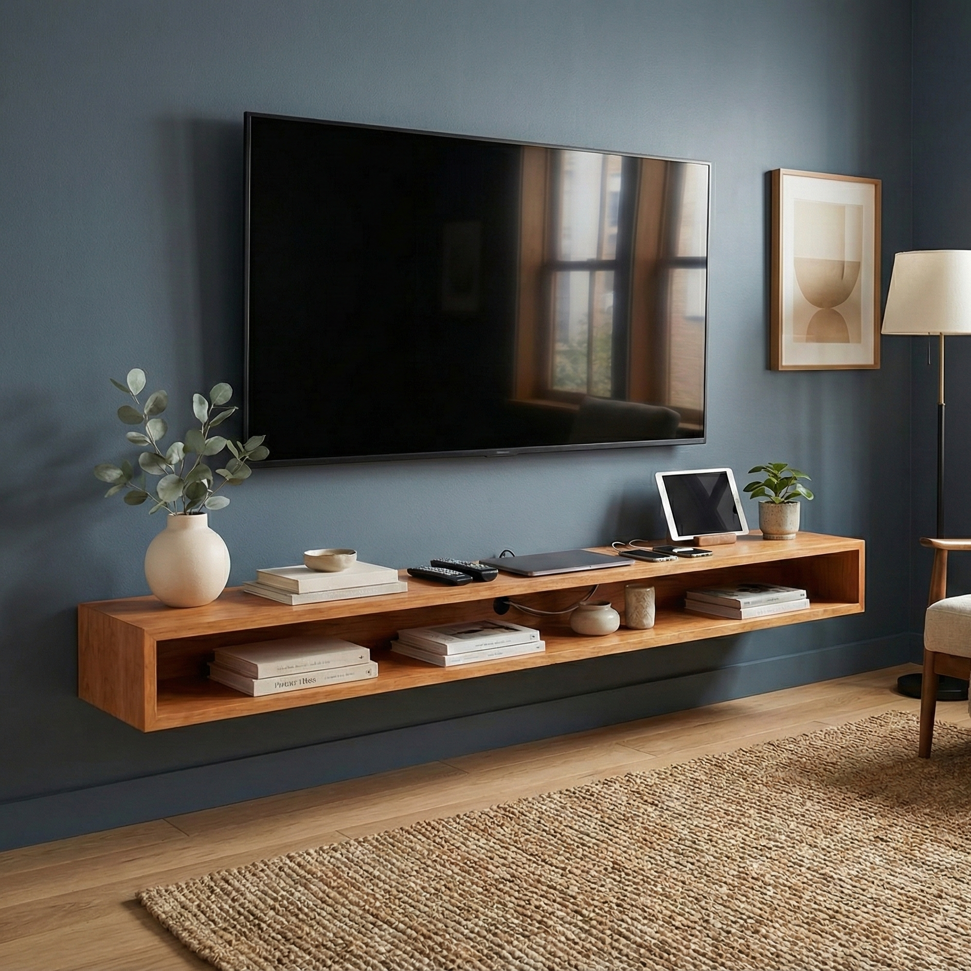 Modern living room with a wooden TV stand, television, and decorative items against a blue wall.