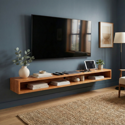 Modern living room with a wooden TV stand, television, and decorative items against a blue wall.
