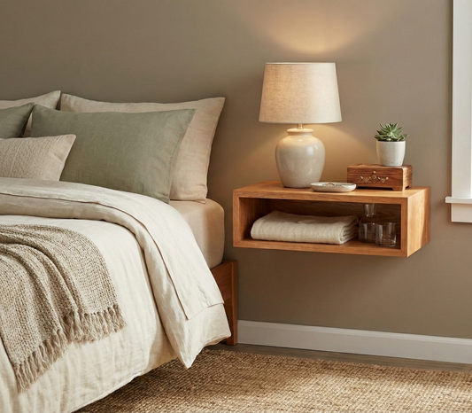Wooden nightstand with lamp and decor items next to a bed in a bedroom.