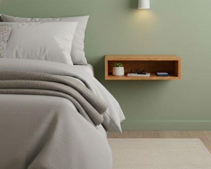 Bedroom with a neatly made bed and a wooden shelf against a green wall.