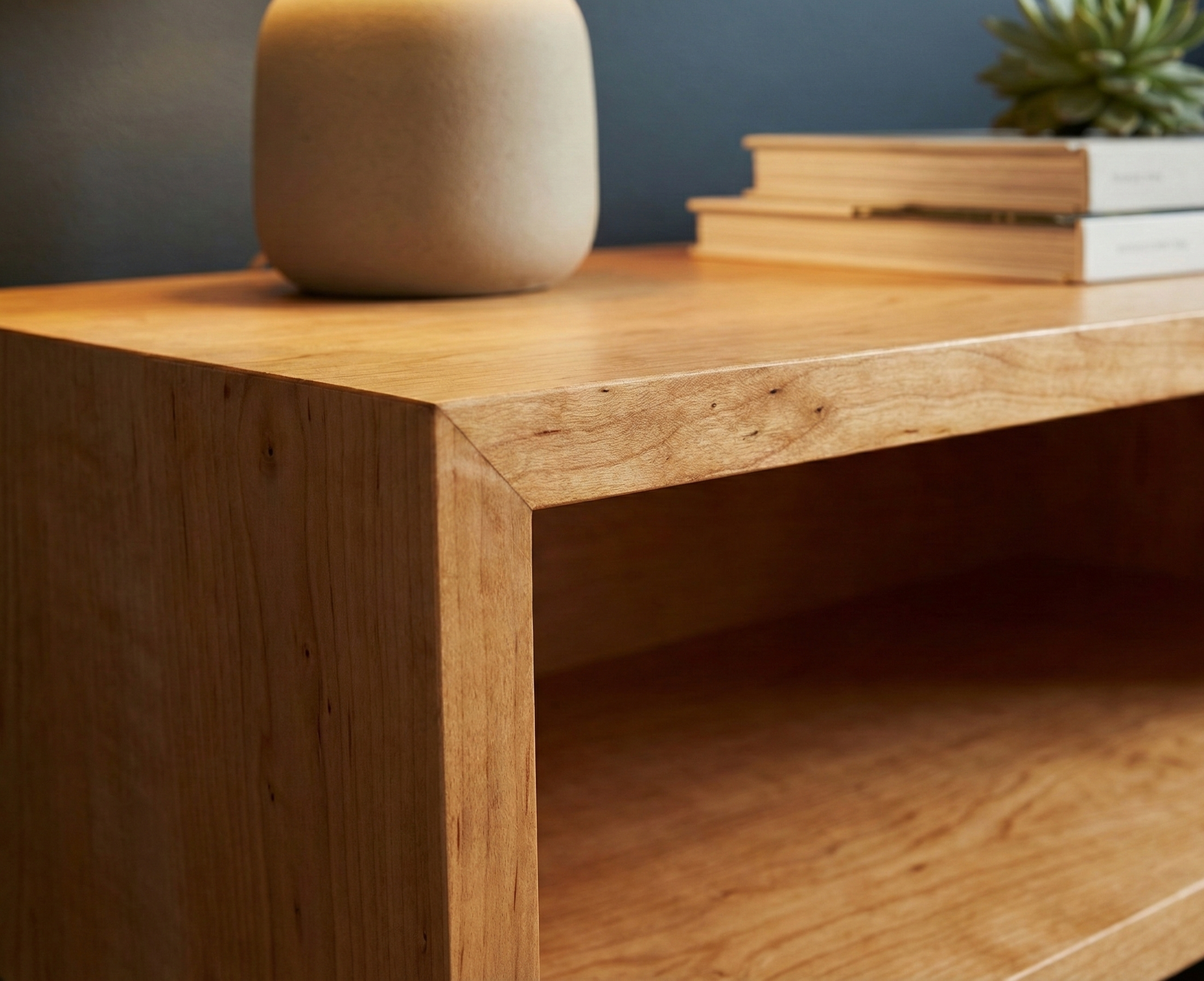 Wooden desk with a vase and books on a neutral background