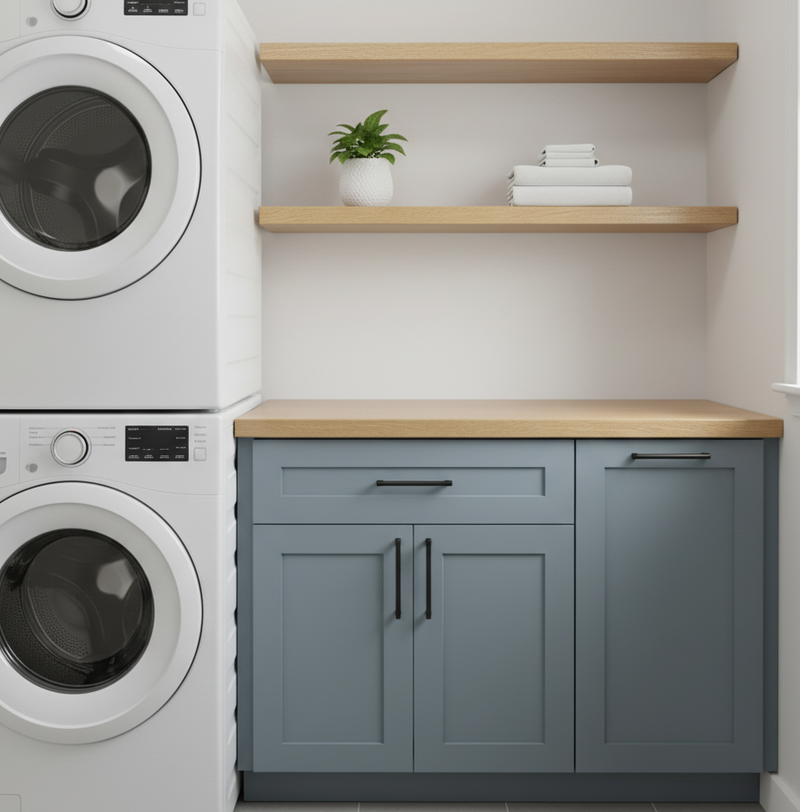 Laundry room with stacked washer and dryer units, blue cabinets, and wooden shelves.