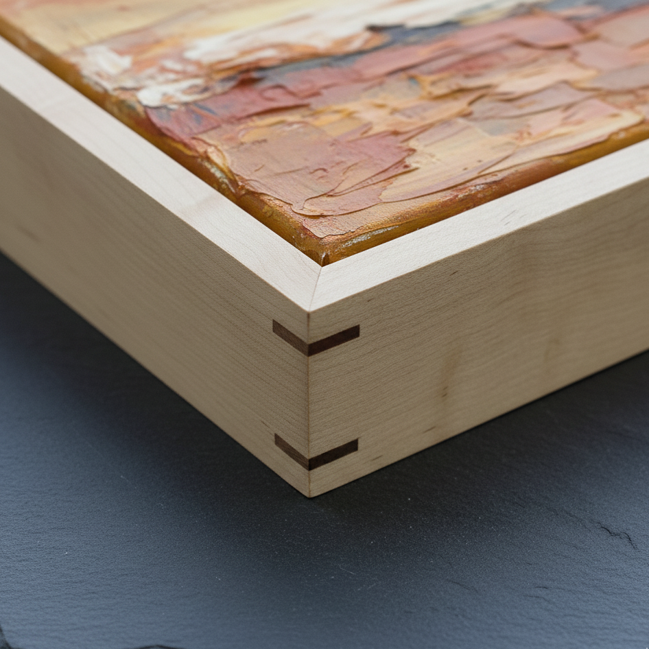 Wooden frame with a detailed corner joint on a dark surface