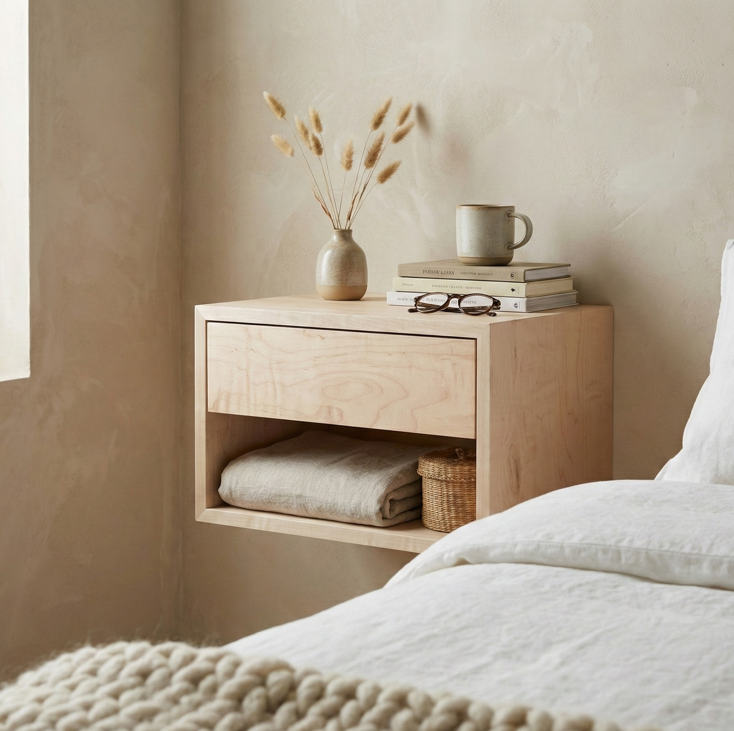 Wooden nightstand with a vase, mug, and books against a beige wall.