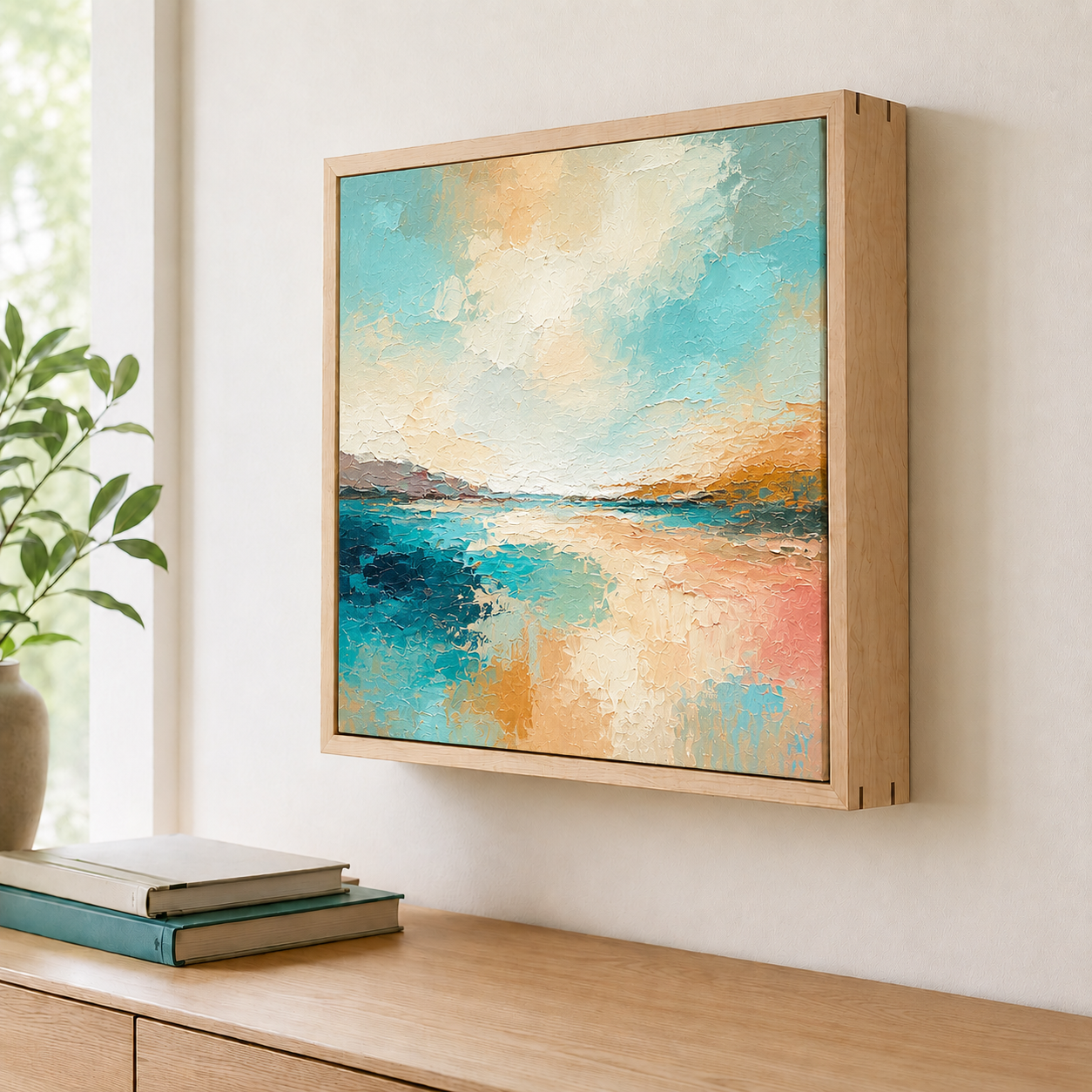 Framed abstract painting on a wall above a wooden surface with books and a plant.