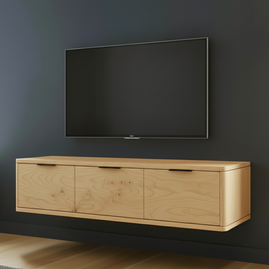 Wooden TV stand with a flat-screen TV mounted on a dark wall.