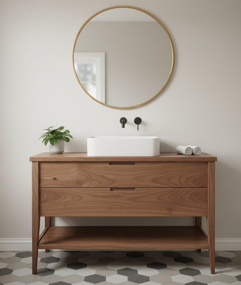 Bathroom vanity with wooden cabinet, round mirror, and white sink.