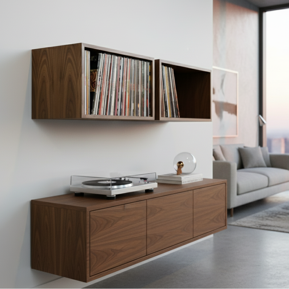 Modern living room with wooden entertainment console and vinyl records