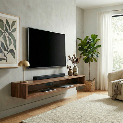 Modern living room with a TV mounted on the wall, wooden shelf, and decorative items.