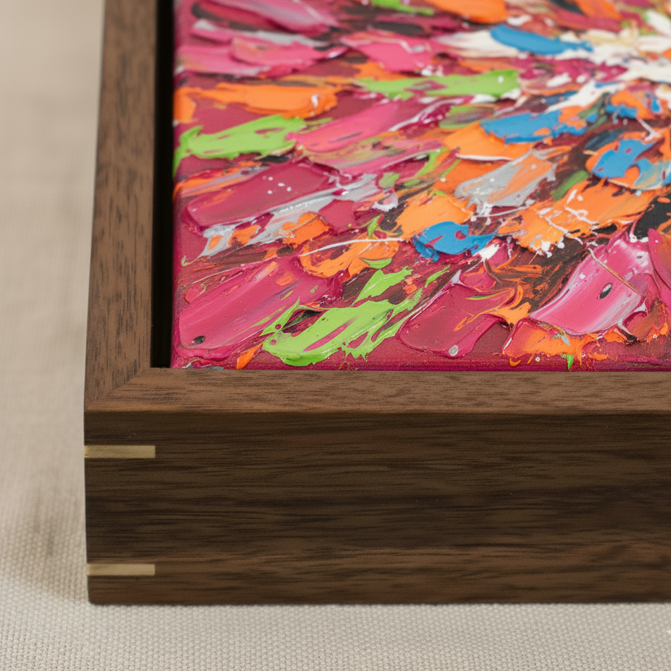 Colorful abstract painting inside a wooden frame on a neutral background