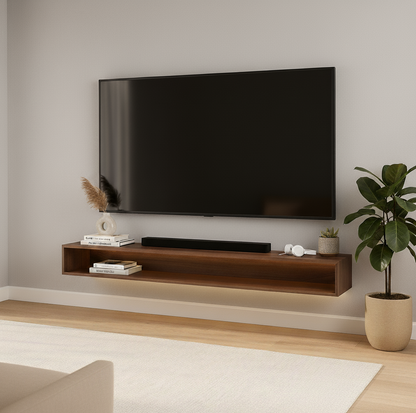 Modern living room with a TV mounted on the wall and a wooden entertainment console.