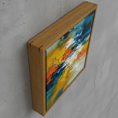 Abstract painting in a wooden frame on a gray wall