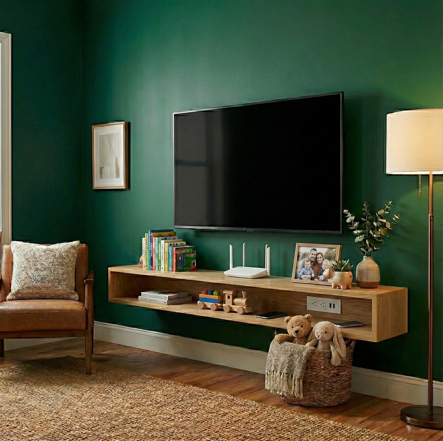 Living room with a TV mounted on a green wall, wooden shelf, and decorative items.