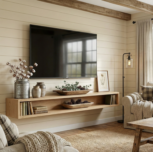 Living room with wooden shelf, TV, and decorative items against a wooden wall.