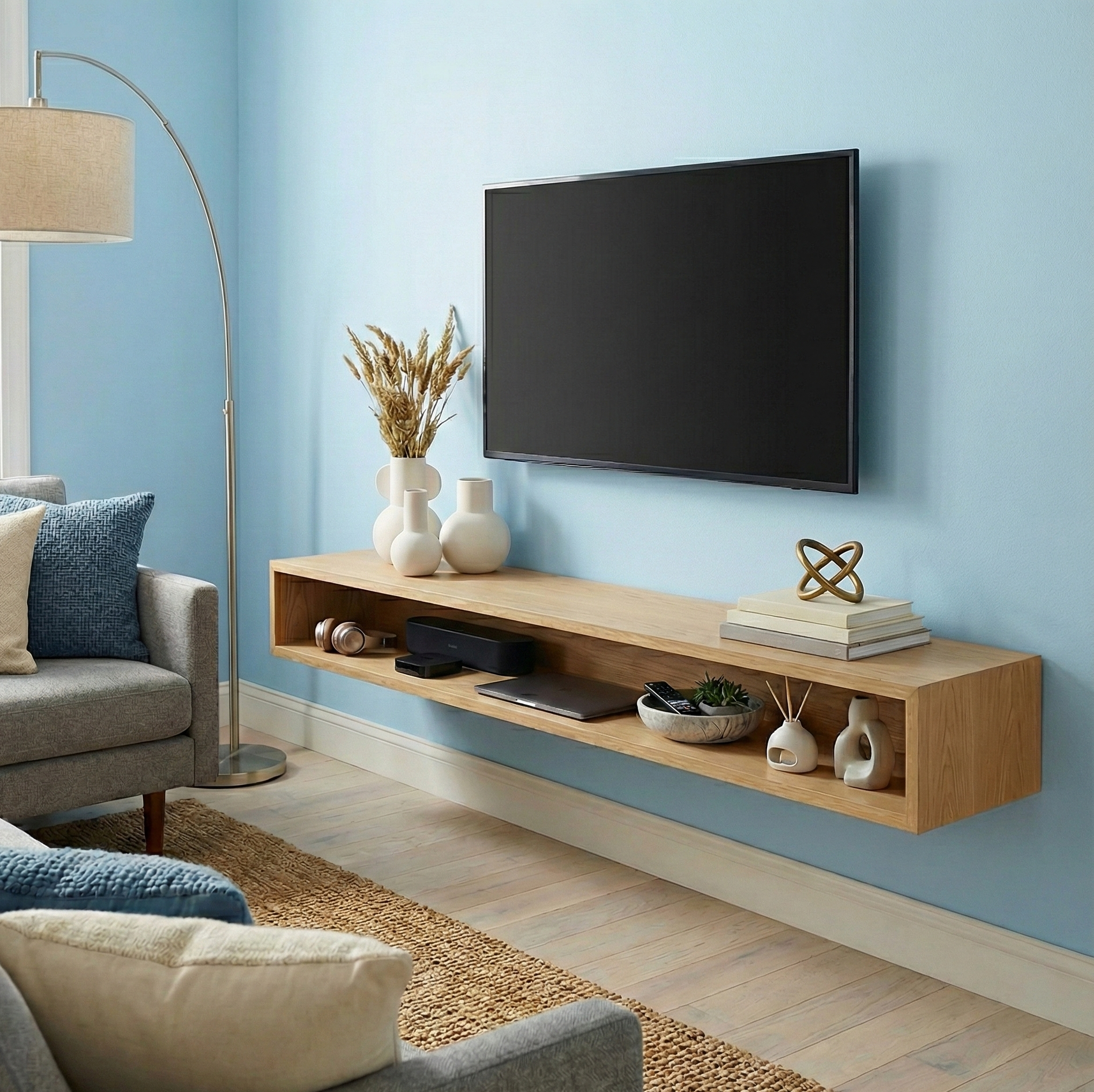 Modern living room with a TV mounted on the wall and a wooden shelf below.