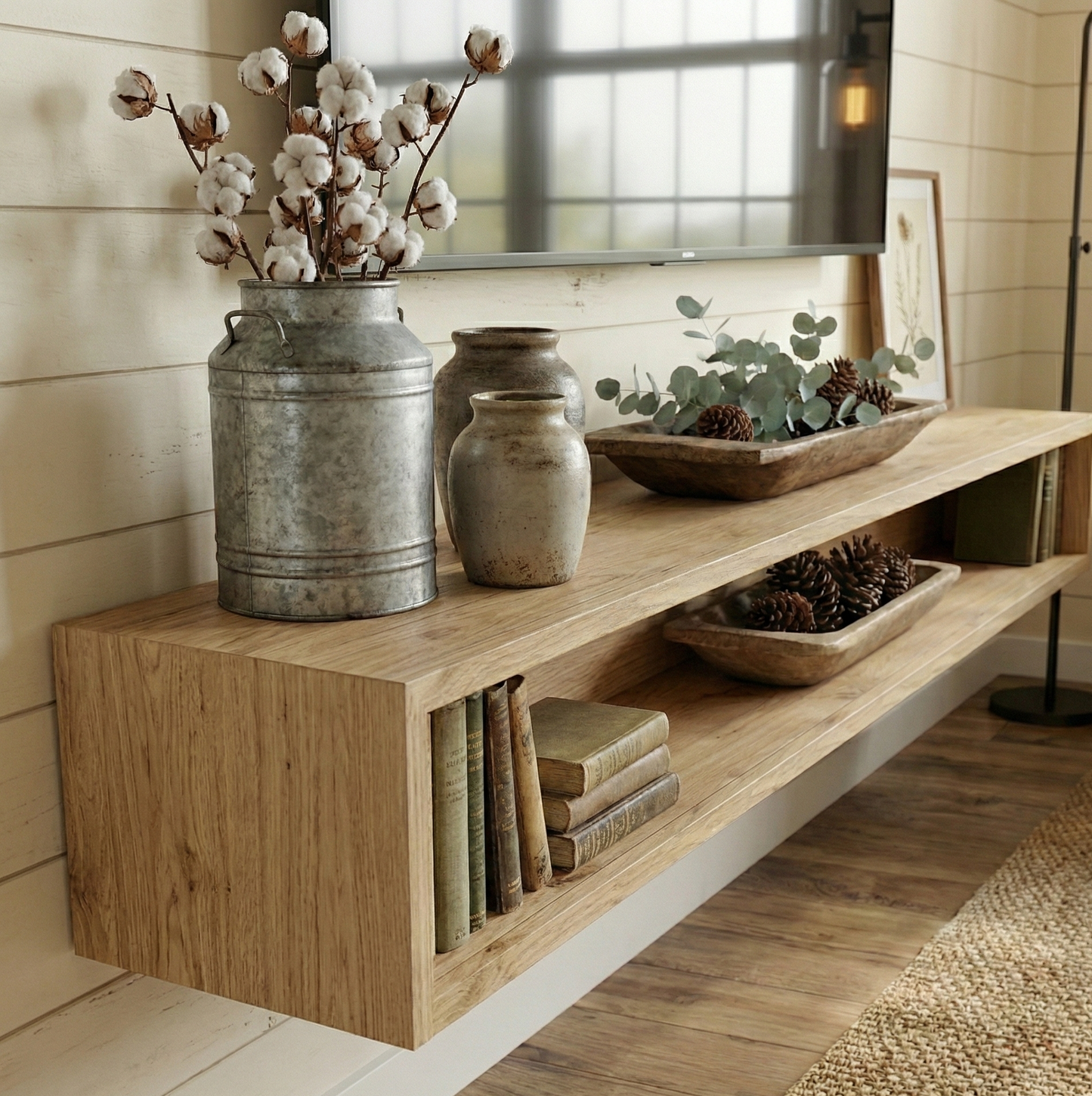 Wooden shelf with decorative items including a metal jar with cotton, a wooden bowl with greenery, and books.