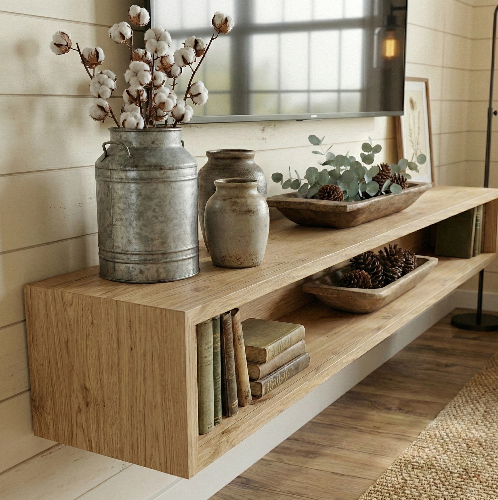 Wooden shelf with decorative items including a metal jar with cotton, a wooden bowl with greenery, and books.