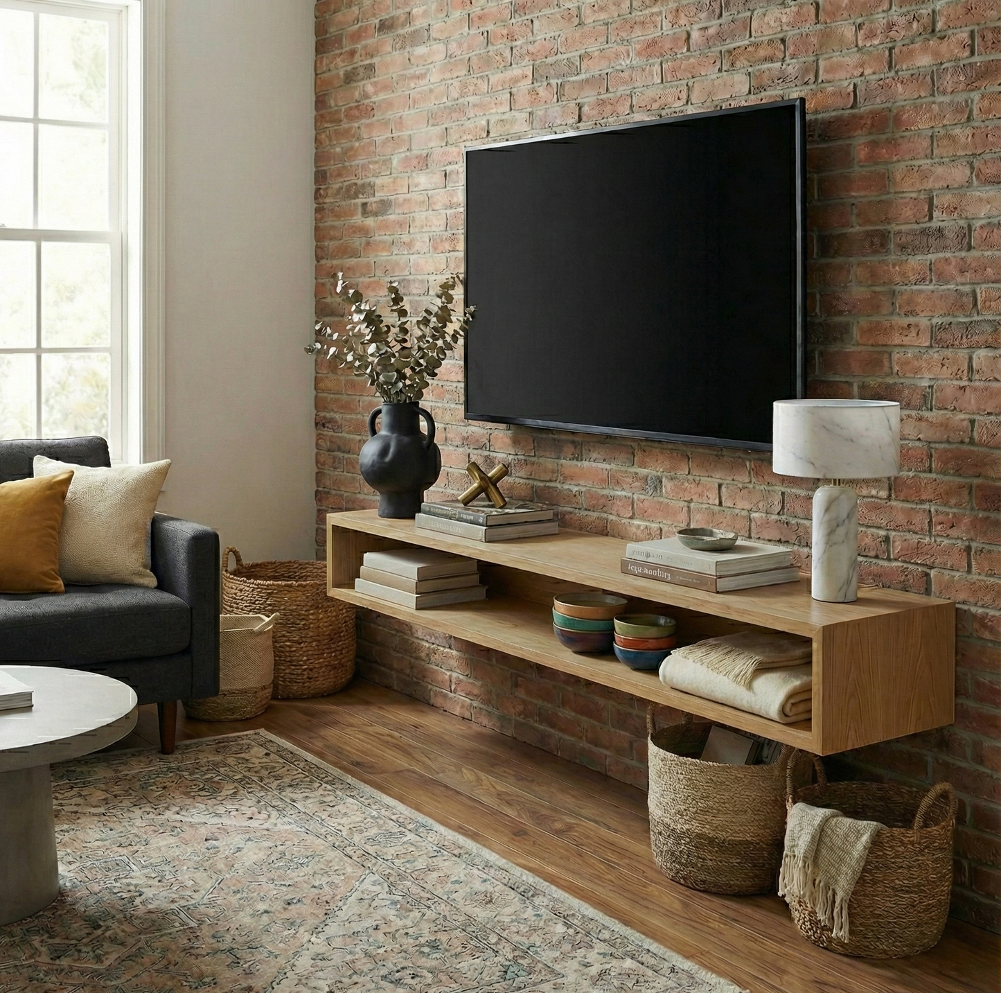 Living room with a brick wall, TV, and wooden shelf.